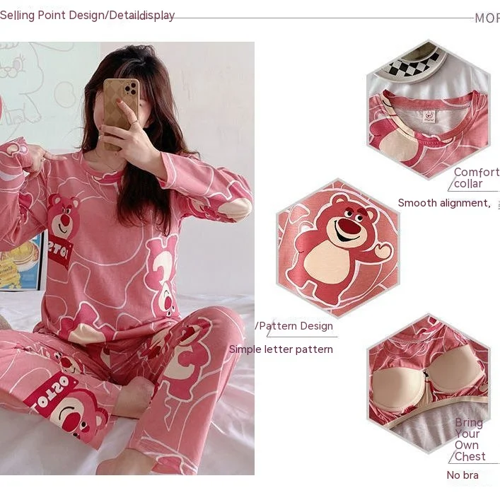 Plus Size Neu mit Brustpolster Frühling Langarm Lose Zuhause Lässig Tragbar Bequem Stilvoll Trendy Ins Niedlicher Damenpyjama – Detail 19