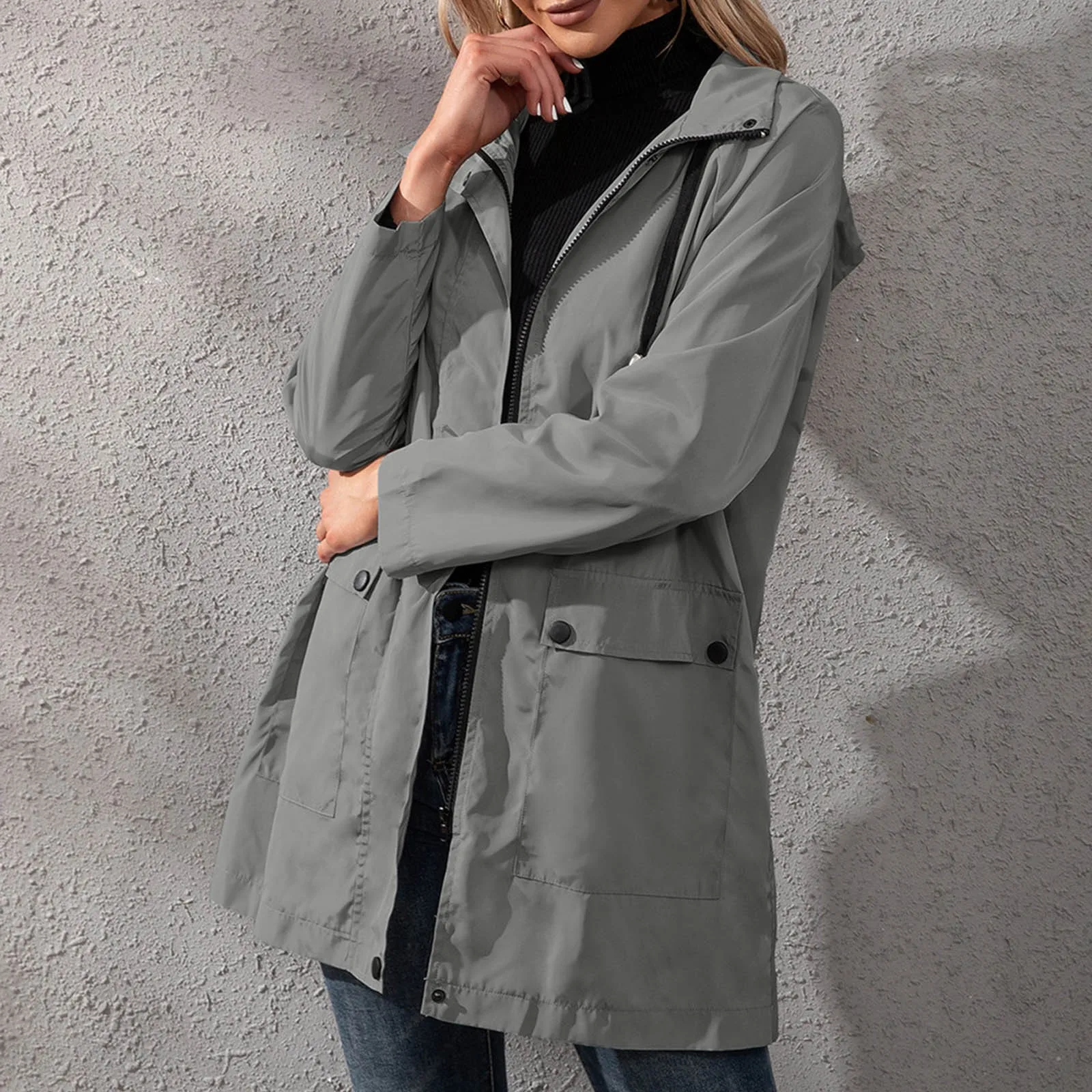 Fashion Women Hooded Trench Coat Casual Lady Waterproof Windproof Long Jacket Buttons Zipper Coats Female Long Sleeve Outerwear