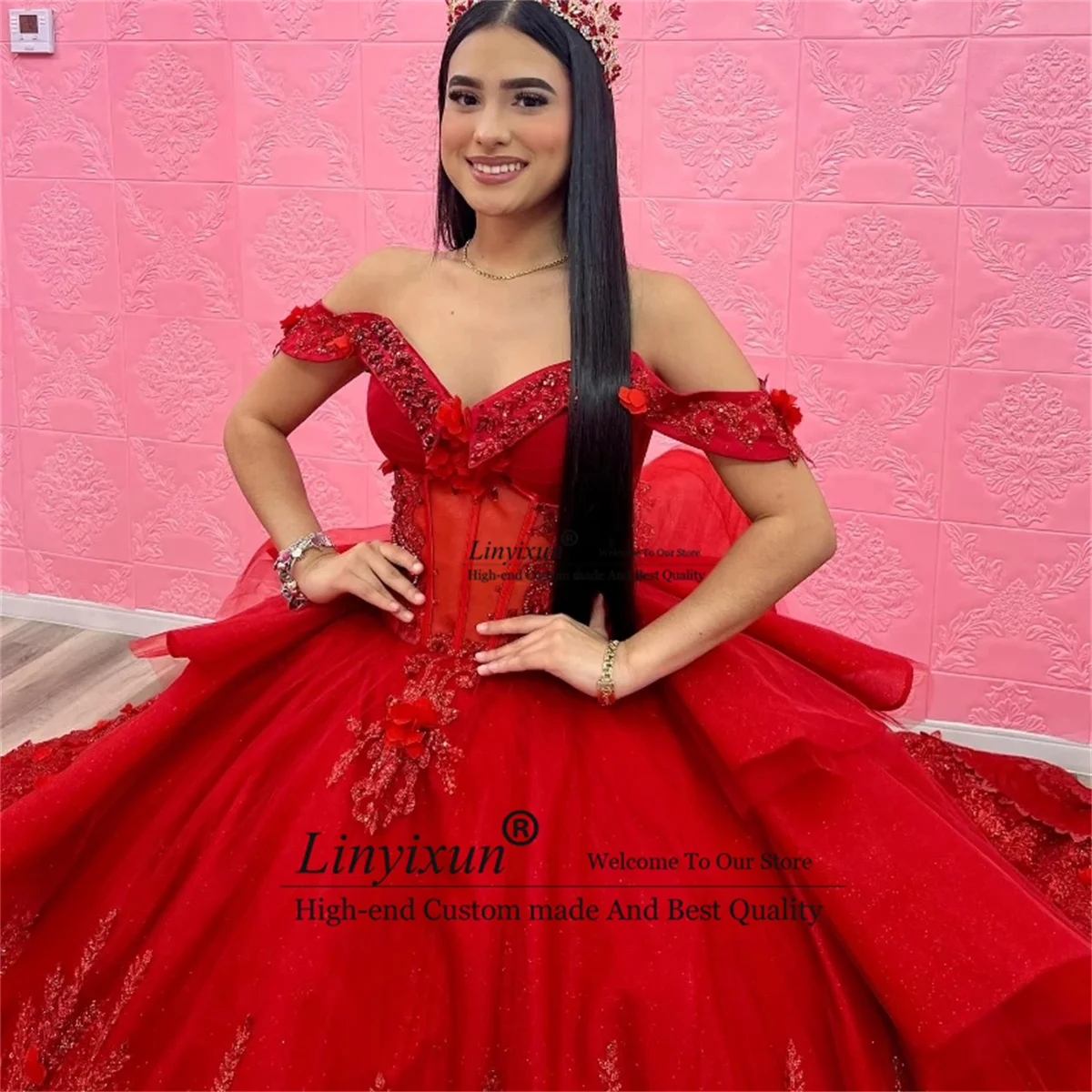 Red Sparkly Sequins Lace Quincenara Dresses Custiomized Luxury Beaded Ball Gown Sweet 16 Gown Off Shoulder Vestidos De XV15 A&ntilde;os