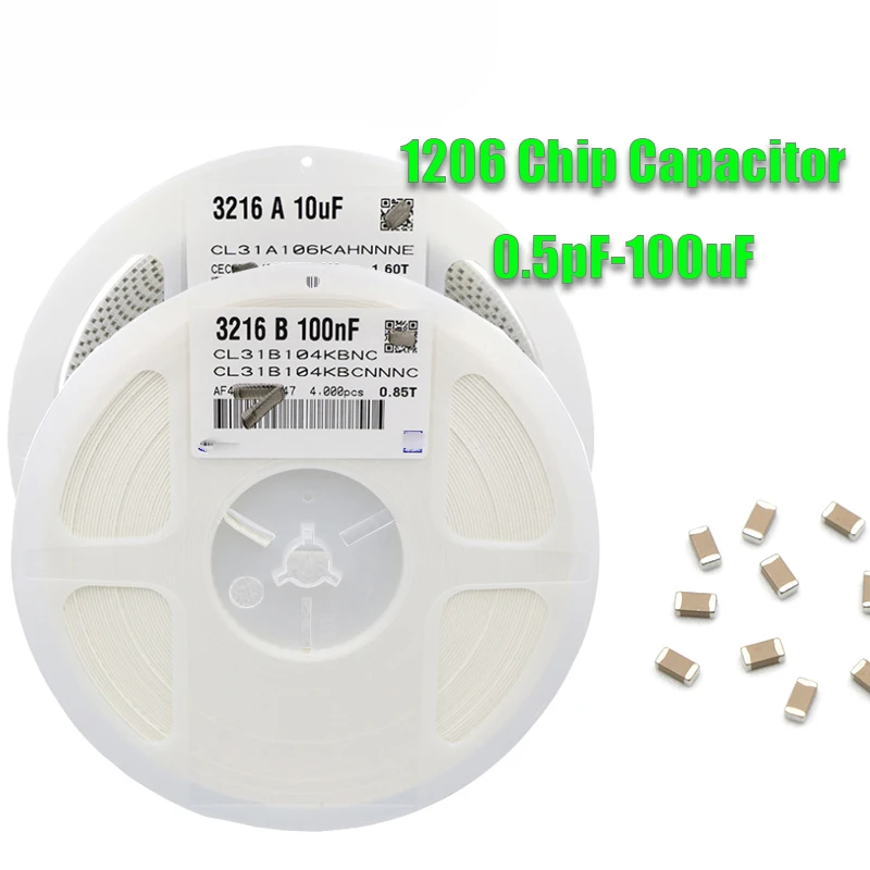 1reel 4000pcs 1206 50V SMD Thick Film Chip Multilayer Ceramic Capacitor 0.5pF-100uF 10NF 100NF 1UF 2.2UF 4.7UF 10UF 1PF