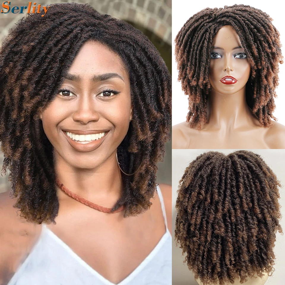 Short Dreadlock Wig Ombre Brown Blonde Gray Bug Color Afro Curly Synthetic Braided Twist Wig Daily Party Cosplay Replacement