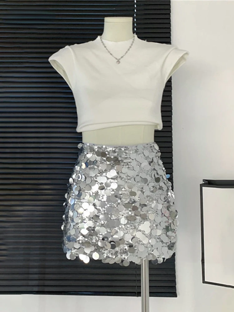 Sexy Shiny Skirts Women Mini Skirt High Waisted Club Slit Zipper Sequins A-Line Slim Y2k Skirt Hot Girls Summer Chic Fashion fall trend fitness sporty jumpsuits zipper knit skinny hollow chic activity solid casual streetwear workout overalls