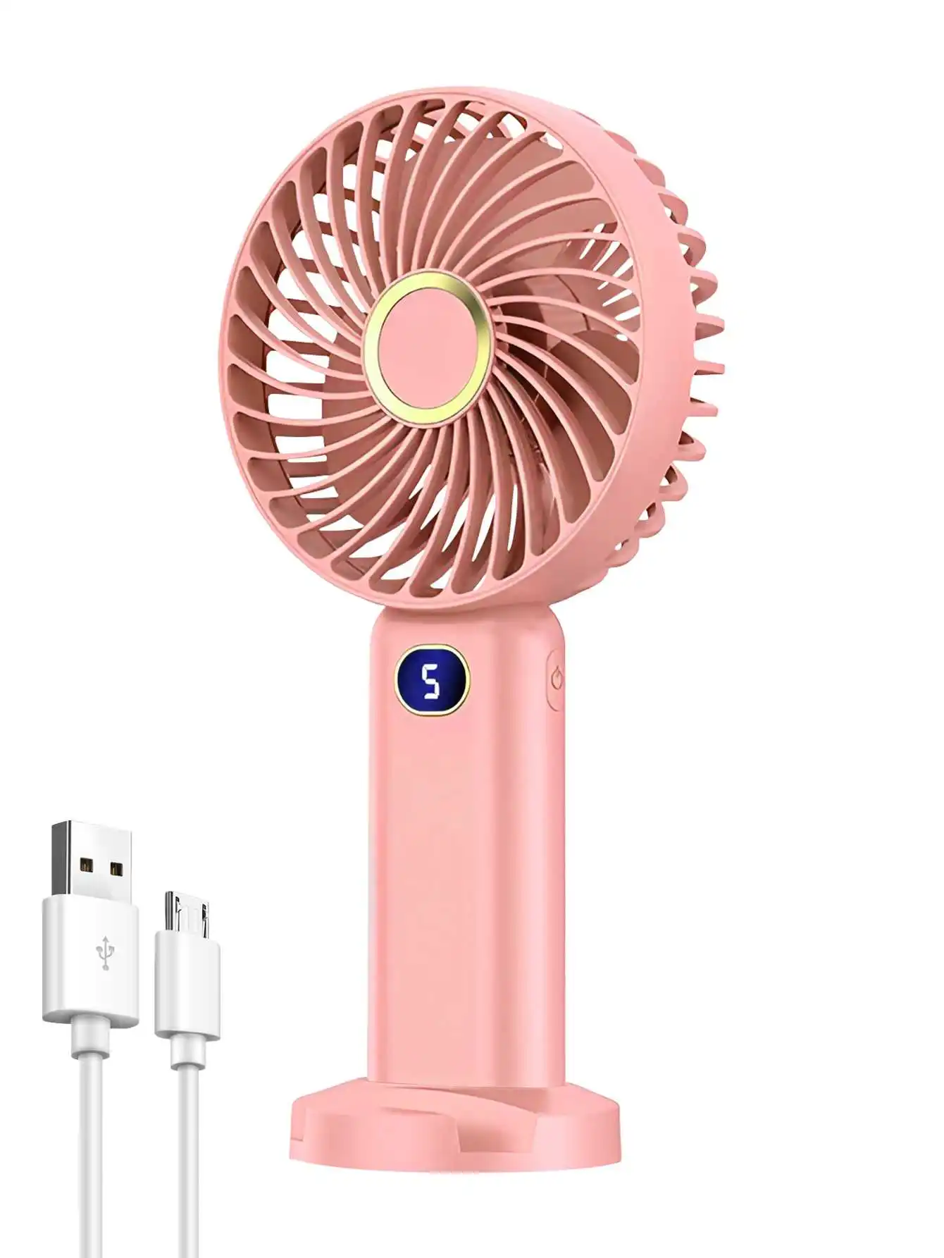 Compact USB Rechargeable Handheld Fan with Digital Display and 5-Speed Settings