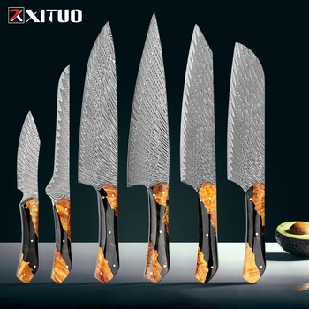 XITUO Set di coltelli da cuoco in acciaio di Damasco fatti a mano 1-5 pezzi Coltelli da cucina Full Tang Rasoio Sharp Santoku e coltello da sbucciatura, manico ergonomico 1