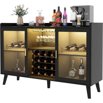 Wine Bar Cabinet with Led Light Home Coffee and Glass Rack Kitchen Buffet Sideboard Storage Shelves Freestanding Liquor 2