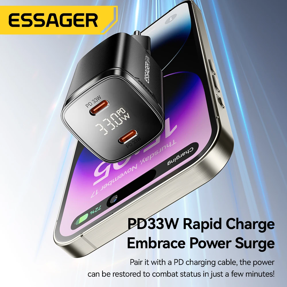 Essager 33W GaN Dual USB Type C Charger PD Fast Charging For iPhone 17 16 15 14 13 Pro Max iPad Digital Display Phone Chargers