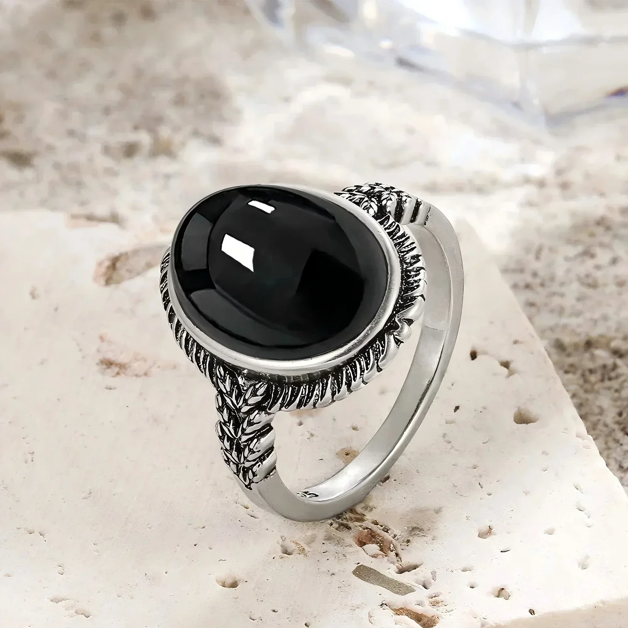 S925 Sterling Silver Black onyx Ring vintage silver Ring