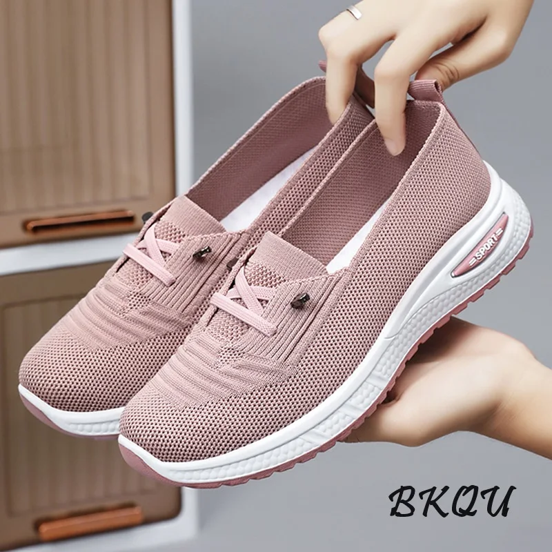 BKQU Women 2024 Spring Casual Shoes Breathable Comfortable Woven Mesh Sneakers High Quality Plus Size