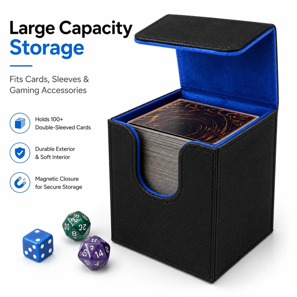 Premium PU Leather Card Deck Storage Box - Magnetic Closure, Holds 100+ Sleeved Game Cards, Blue