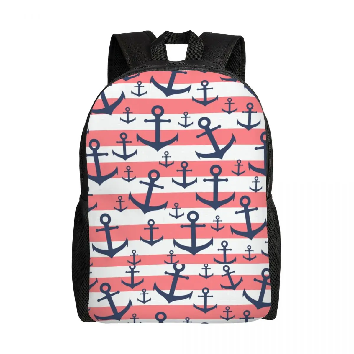

Nautical Coral Stripe Navy Blue Anchor Pattern Laptop Backpack Women Men Bookbag for College School Student Sailing Sailor Bags