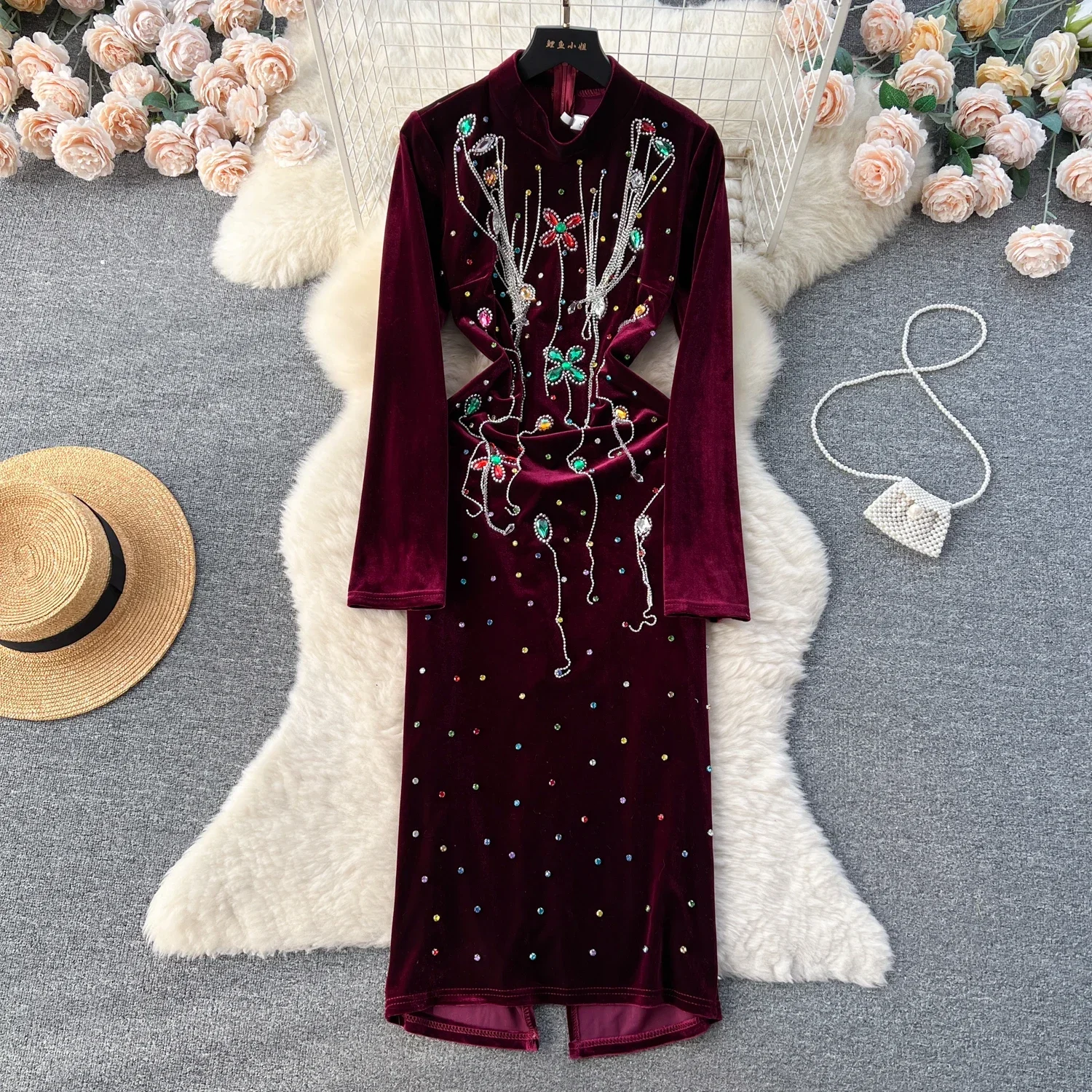 

Chic Elegant Long Sleeve Stand Collar Rhine Stone Chain Velvet Split Dress High Waist Women Autumn Ceremonial Dress