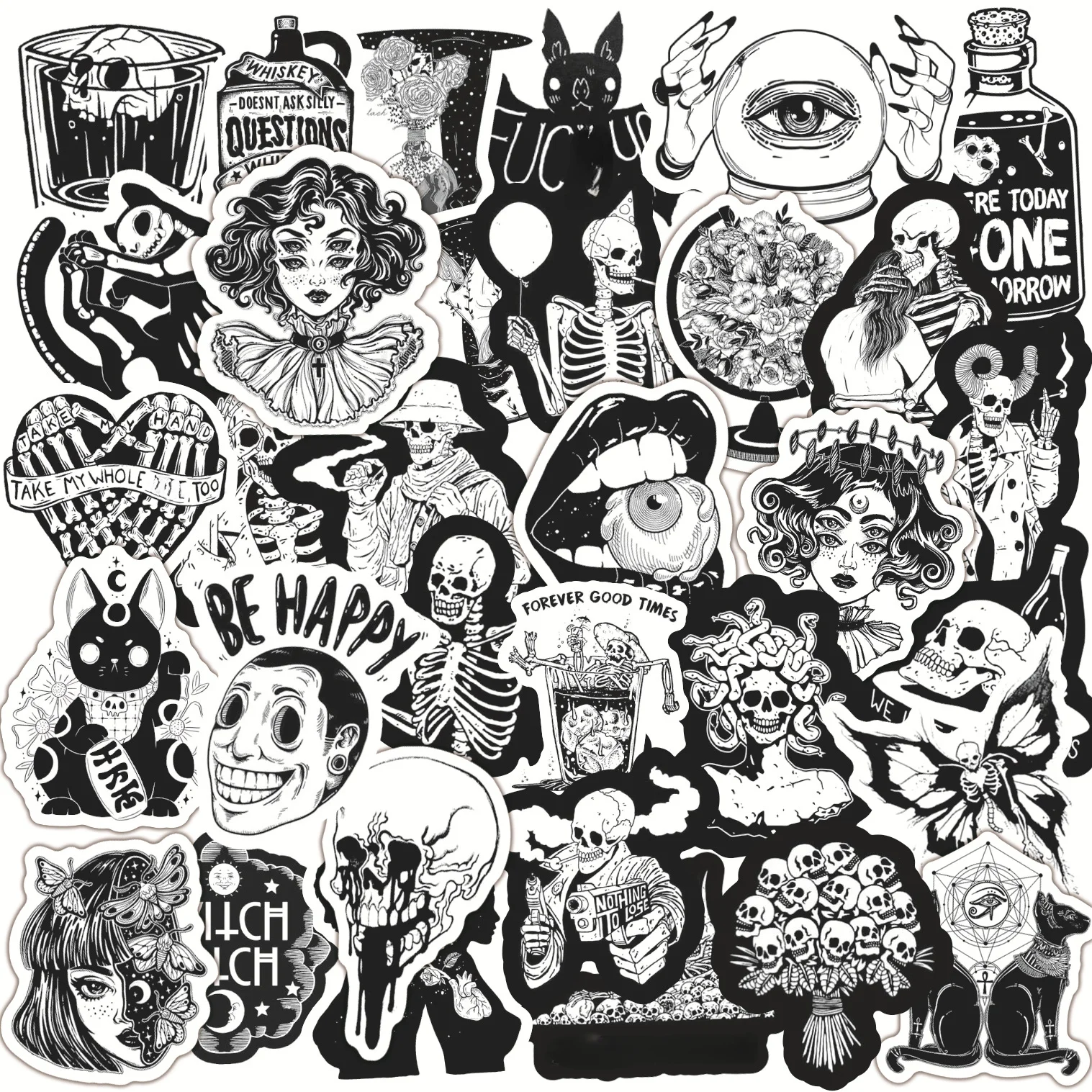 100PCS Mixed Black White Gothic Stickers Graffiti Motorcycle Skateboard Travel Phone Case Decal Toys Sticker Waterproof american letter and mother graffiti jeans men s and women s jeans loose straight tube dark black versatile casual pants denim