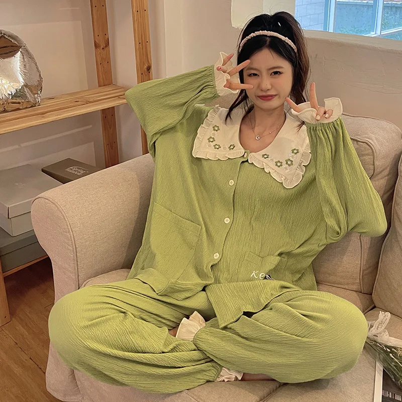 Women 2 Pieces Pajamas Sets Cotton Pijama Print Female Pyjama Sleepwear Long Sleeve Lapel Shirt Pants Suit Homewear Loungewear