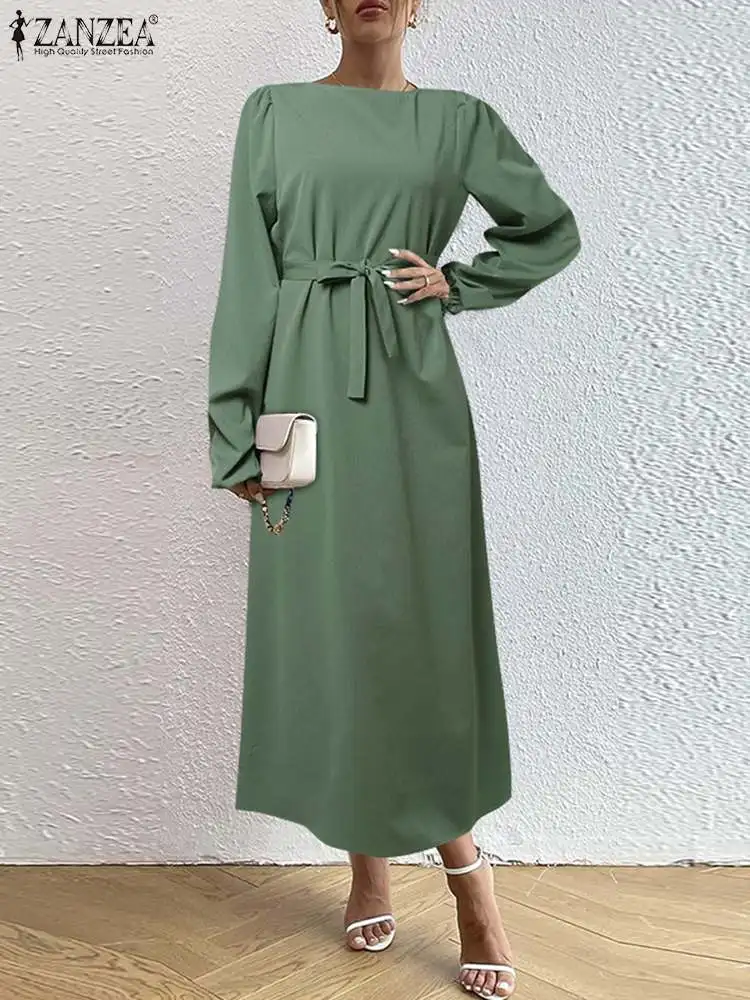 

ZANZEA Elegant Maxi Long Dress Women O-neck Belted Vestidos Holiday Casual Solid Color Dresses Oversized Long Sleeve Autumn Robe