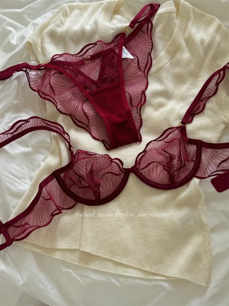 Ensemble de soutien-gorge en dentelle brodée de fleurs françaises, Sexy, pur désir, Ultra fin, Push-Up, sans fil, confortable, Niche romantique, Bralette, S-XL ​ ​   MOYISU
