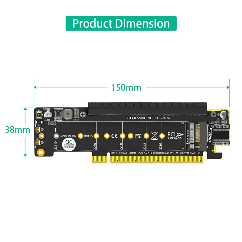 PCIe X16 - X8+X4+X4 분배기 카드 어댑터 PCIE4.0 M.2 PCIE 어댑터 M.2 NVMEx2 입력 포트는 2280/2260/2242/2230 NVME SSD를 지원합니다.