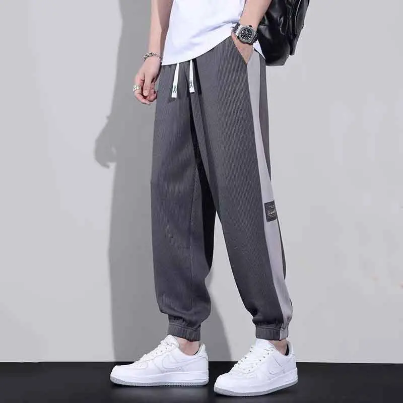 Versatile Street Thin Loose Breathable Sports Casual Pants Men's Trendy Pockets Patchwork Contrast Drawstring Straight Trousers