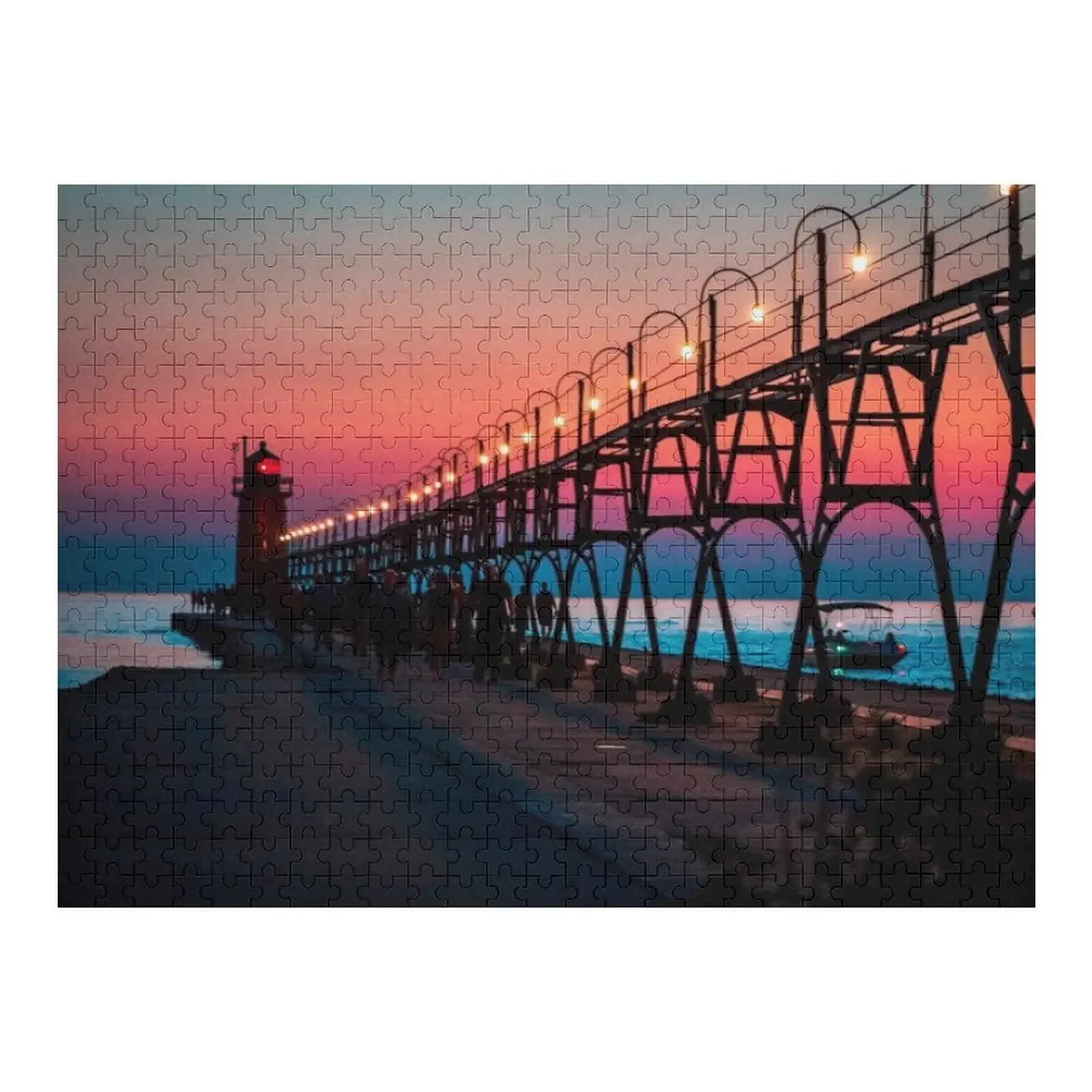 Blue Hour at the South Haven Lighthouse Jigsaw Puzzle Wood Name Personalized Baby Toy With Photo Puzzle