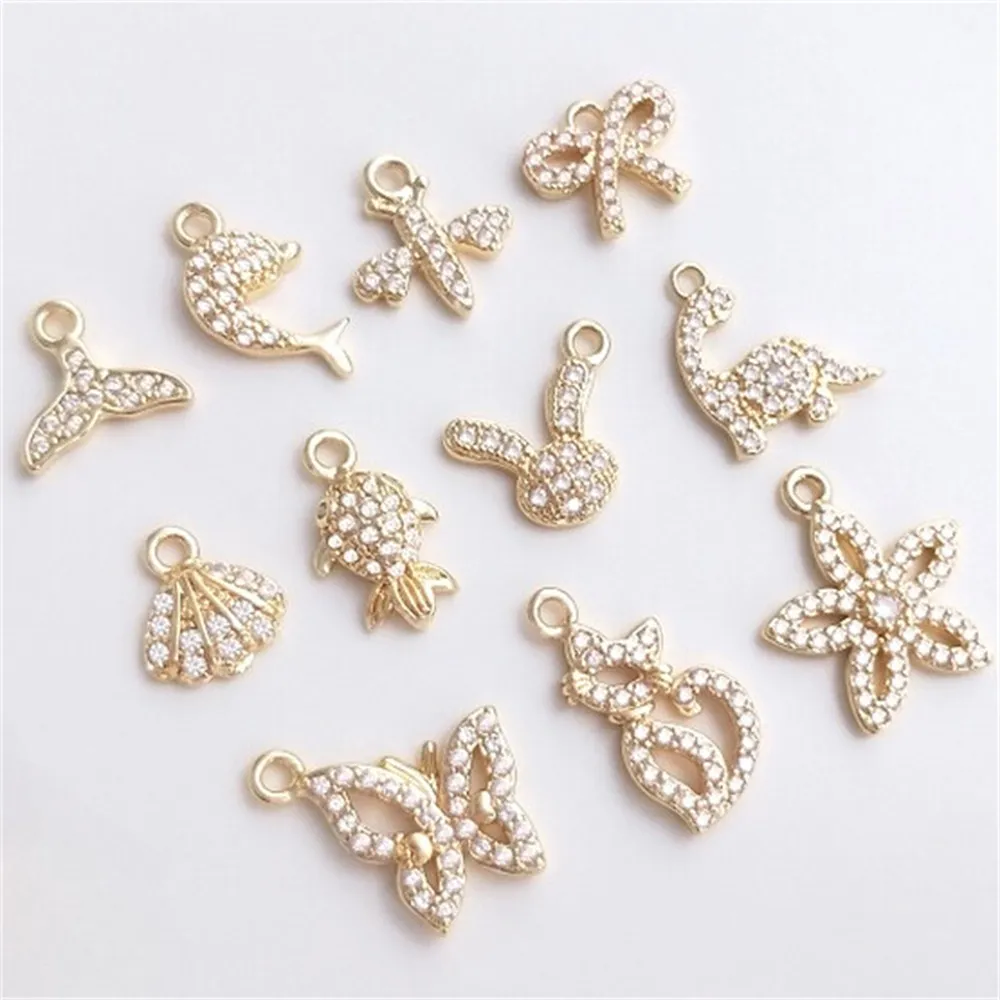 14K Gold-plated Micro-inlaid Zircon Pendant Series Marine Life Fishtail Bee Butterfly Cat Diy Charms Pendant K461