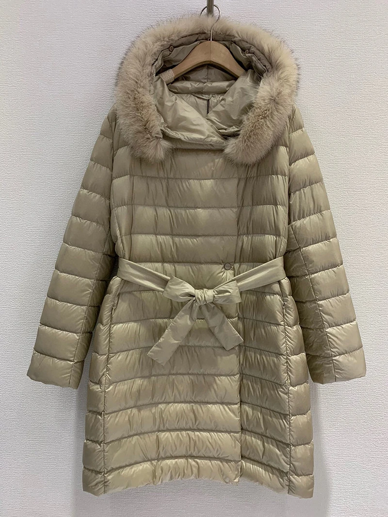 Women's Fur Collar Hooded Midlength Down Coat Female Solid Color Warm Jacket With Pockets Lace