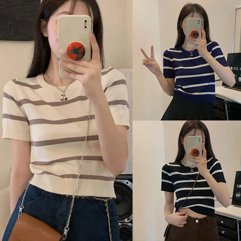 Zomer Casual Mode Gestreepte Bedrukking T-shirt Dames Korte Mouw Pullover Tops Dames Losse O-hals Tee Vrouwelijke Kleding311_voghion.com