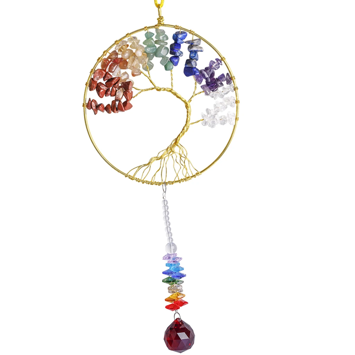 Tree Of Life Crystal Point Prism Glass Pendant Wind Chimes Natural 7 Chakra Stone Hanging Ornaments For Wall Window Home Decor tumbeelluwa natural crystal stone rock quartz star moon wind chimes reiki healing amethyst wall window car hanging ornaments