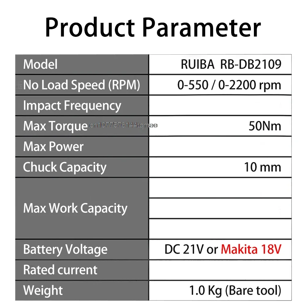 RUIBA 브러시리스 드릴 무선 스크루 드라이버, 2200rpm, 50N.m 토크, 무선 전력, Makita 18V 리튬 배터리 도구