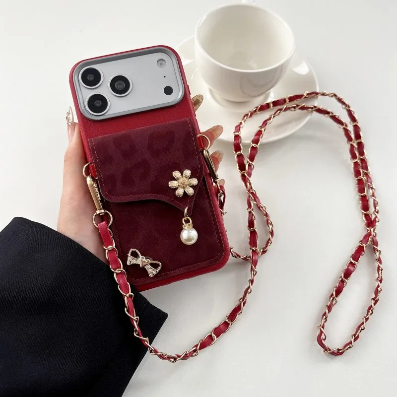 Luxury Leopard Wallet Case with Diamond Pearl Card Holder and Crossbody Strap