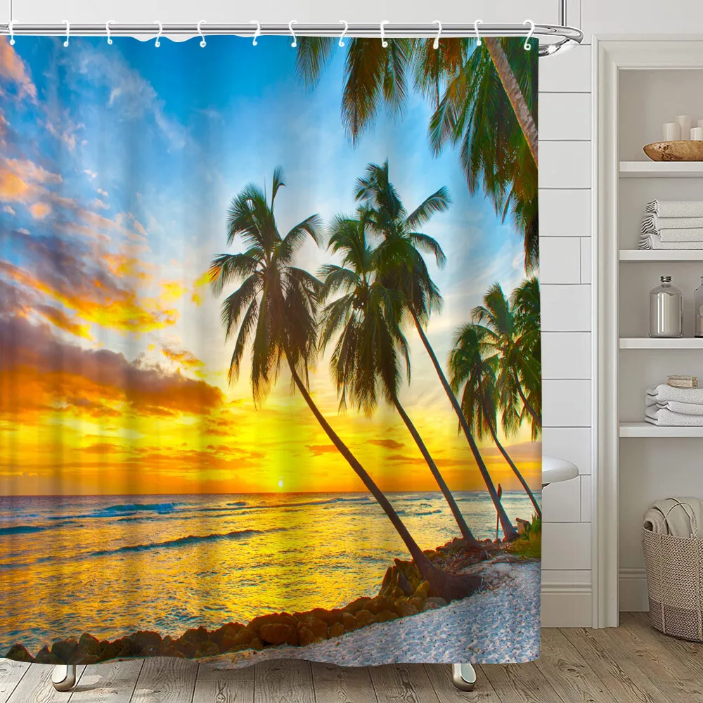 Outdoor Shower Curtain Seaside Scenery Sea Animals Sea Island On Green Plants Polyester Fabric Shower Screen Bathroom Decoration