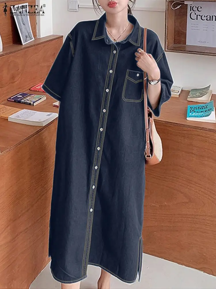 

ZANZEA Women Stylish Denim Shirtdress Korean Fashion Casual Loose Lapel Neck Button Down Midi Dresses 2024 Side Slit Vestidos