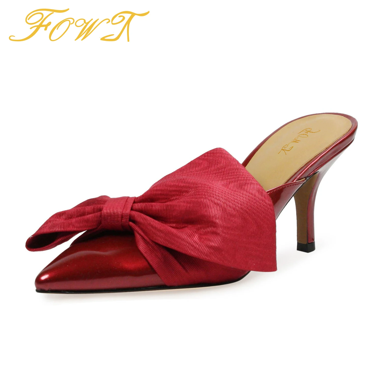 

Red Butterfly Knot Pointed Toe Women Mules High Thin Heels Slippers Summer Dress Office Ladies Outside Shoes Size 41 42 FOWT
