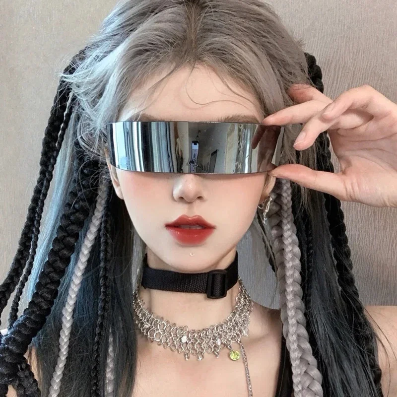 

Future Warrior Rimless Sunglasses One Piece Lens Wrap Around Cyber Punk Futuristic Men Women Hip Hop Party Sun Glasses Bar KTV