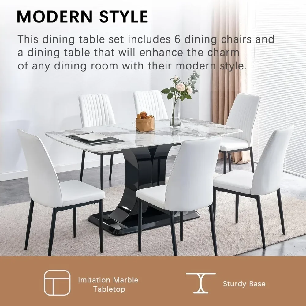 Dining Table,Kitchen Dining Table and Chairs,White Marble Pattern Dining Table with 6 Dinings Chairs, 6 Piece Dinings Tables Set 5
