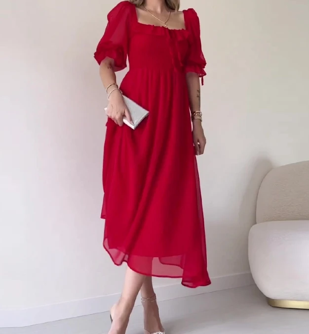 Women's Dress 2023 Spring Solid Color Square Neck Ruffled Elegant Mesh Puff Sleeve Long Dress Party Dress Basic