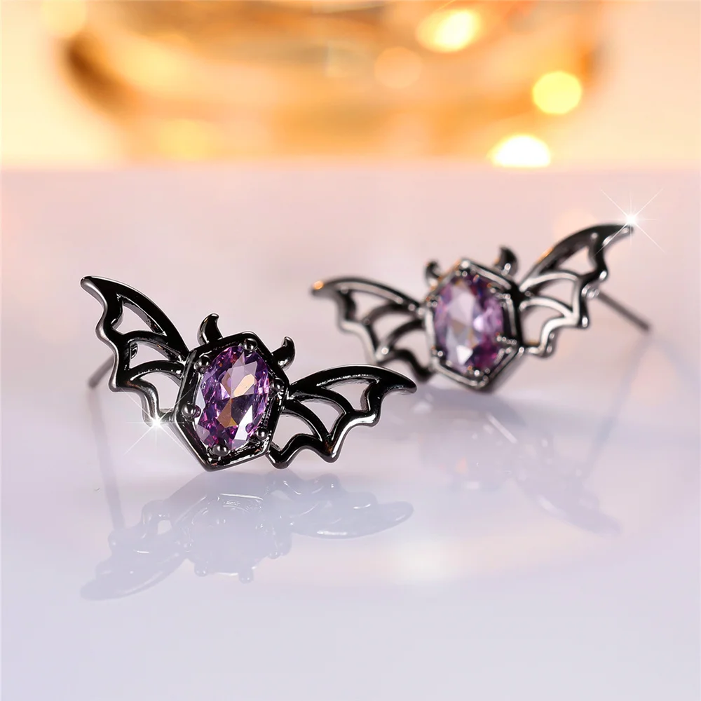 Cute Female Crystal Purple Zircon Stone Bat Animal Stud Earrings Black Gold Color Wedding Jewelry For Women