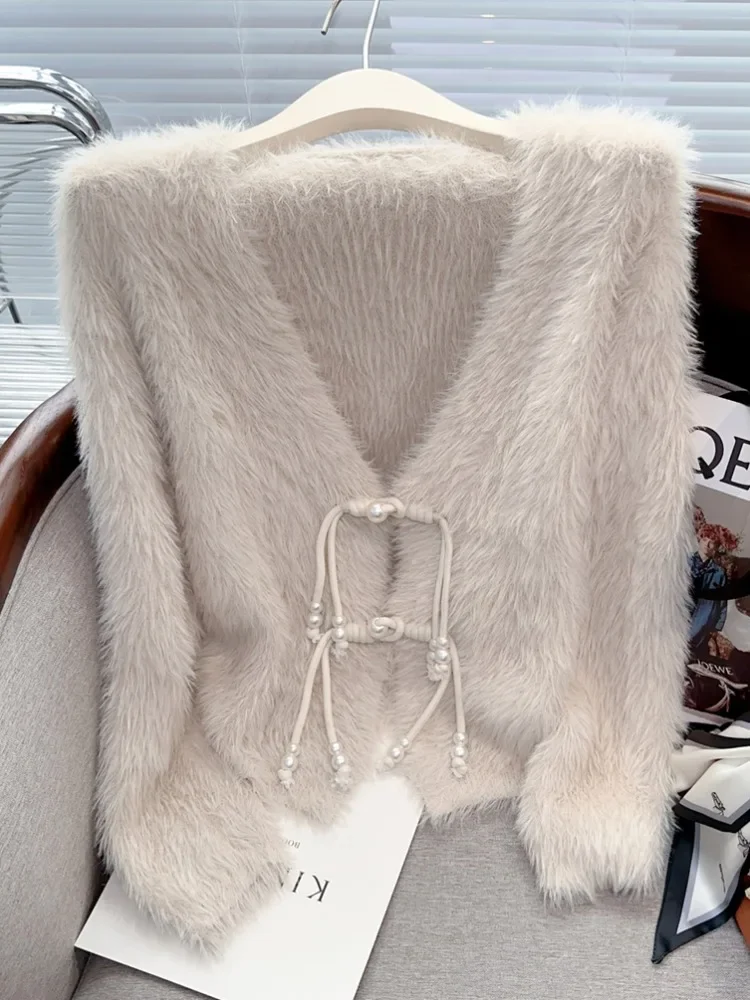 

Chinese style disc buckle mink hair coat female autumn and winter thick soft waxy lazy style high-grade sweater V-neck knit