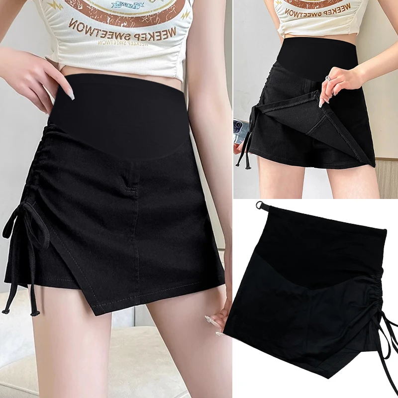 Pregnant women skirt irregular maternity belly skirts summer high waist side drawstring pleated pregnant woman empire skirts pregnancy denim