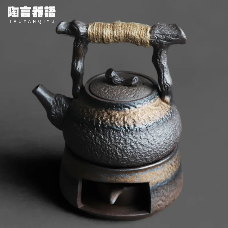 

Каменная керамика позолоченная деревянная текстура чайник с кольцевой ручкой теплый чайный набор ручной работы керамика подсвечник печи чайный изоляционный чайник