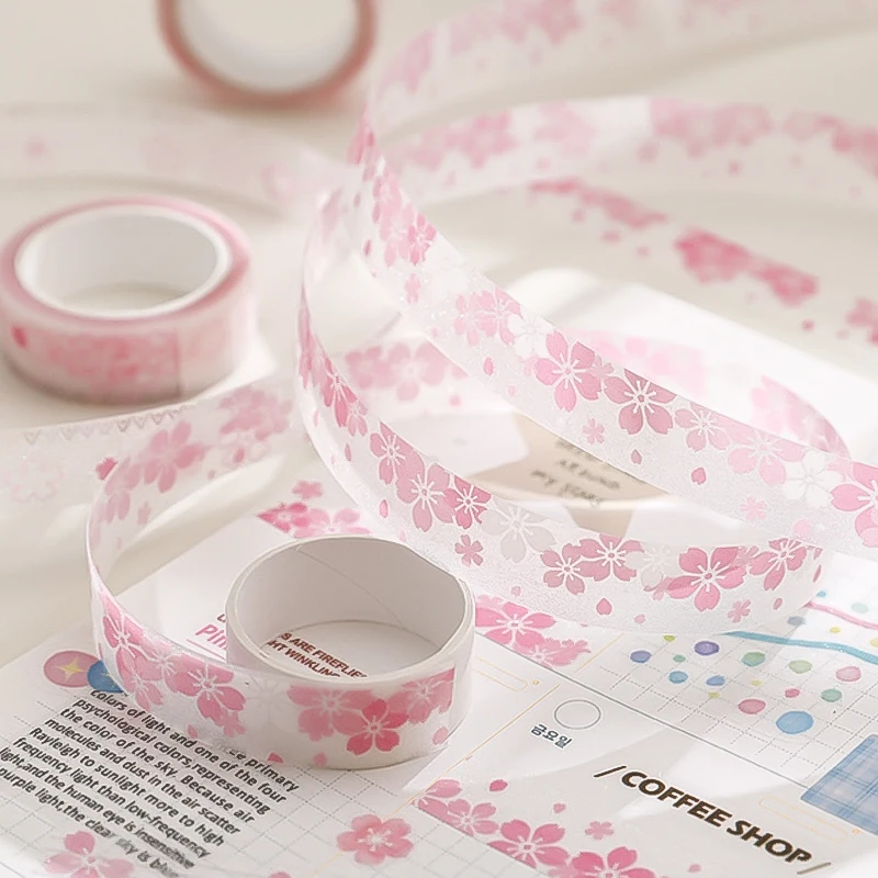 Mr.Paper 4롤 스프링 벚꽃 시리즈 글리터 PET 와시 테이프 핑크 사쿠라 장식 저널 스크랩북 DIY 다이어리 캘린더
