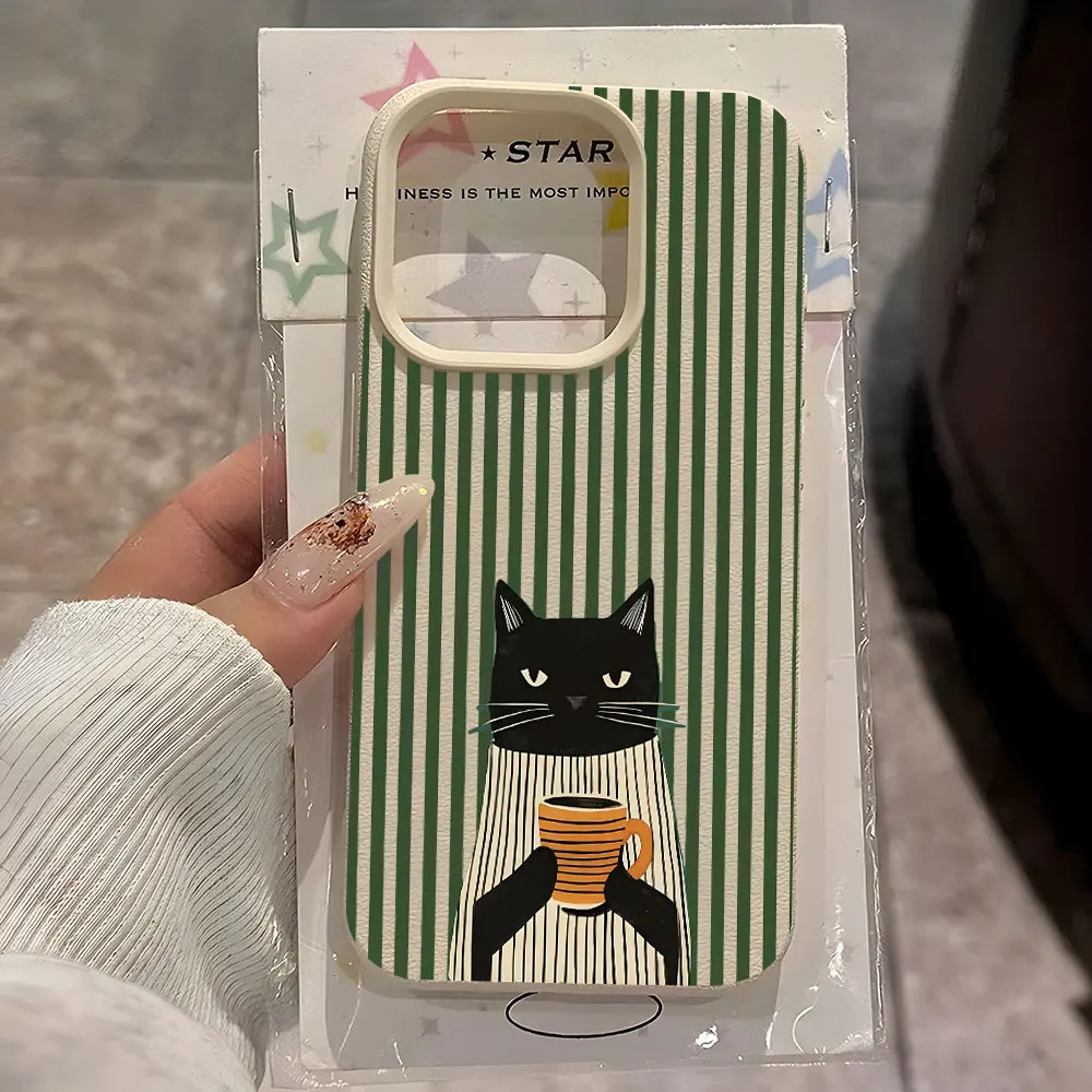 Whimsical Coffee Cat Pattern Lychee Soft Shockproof Phone Case