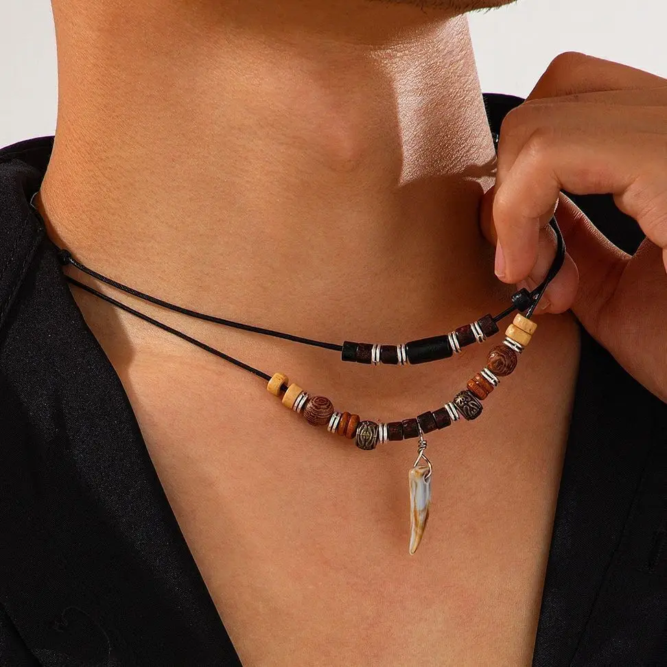 SHIXIN 2Pcs/Set Vintage Wolf Tooth Pendant Necklace for Men Simple Wood Beads Choker Adjustable Leather Rope Chain Neck Jewelry