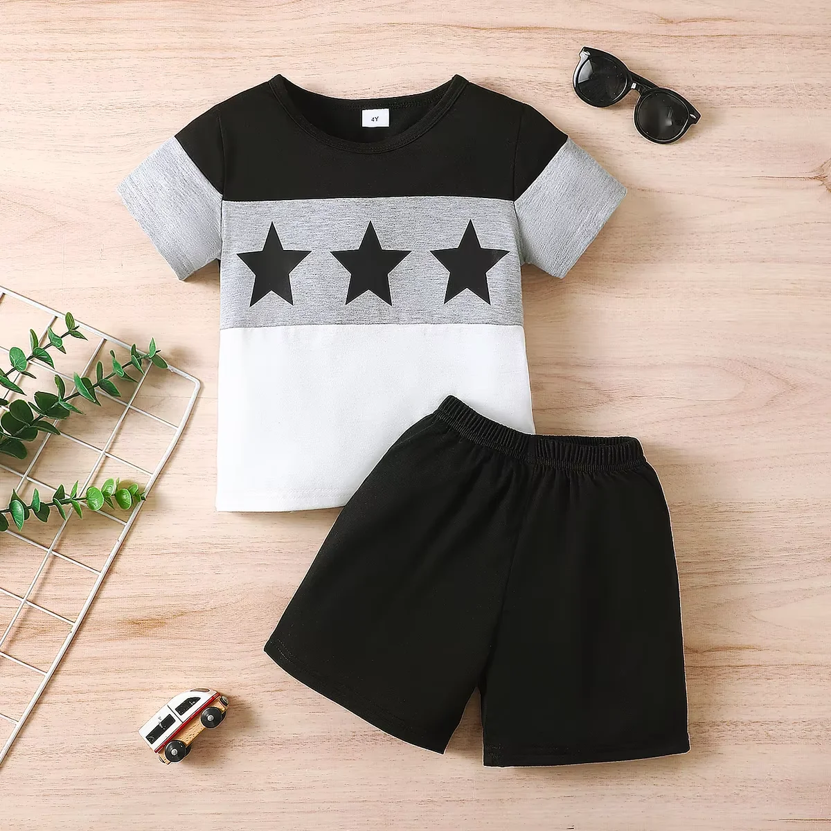 Summer  1-6  Years Old  Cool  Boys  Pentagram  Print  Short-Sleeved Top  And   Shorts  Casual    2-Piece Set