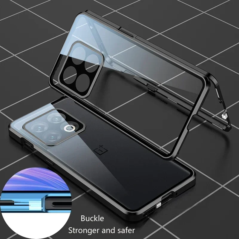 Enhanced Magnetic Metal Phone Case with Full Lens Protection and Double-Sided Glass Snap Lock Cover