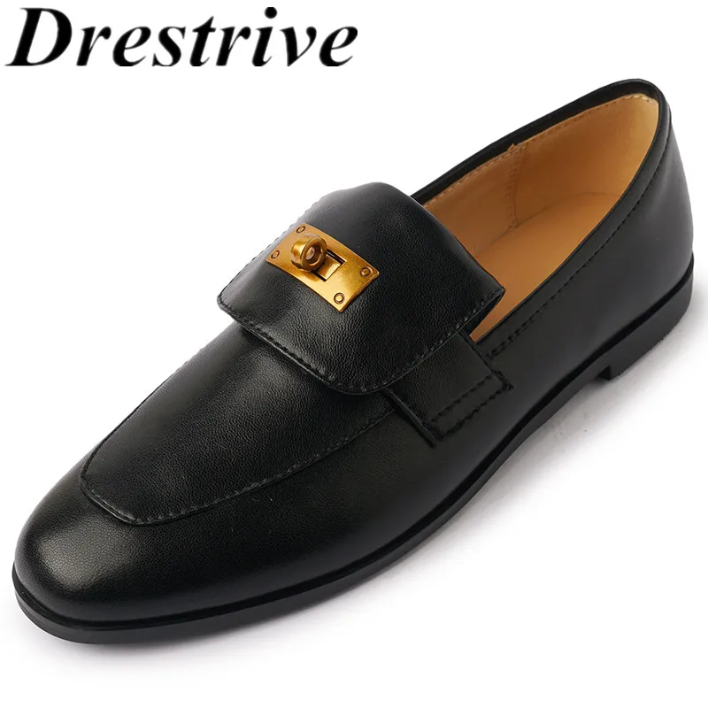 

Drestrive 2023 Spring Classic Loafers Sheepskin Round Toe Flats Size 41 Casual Shoes Low Heel Metal Women Pumps Genuine Leather