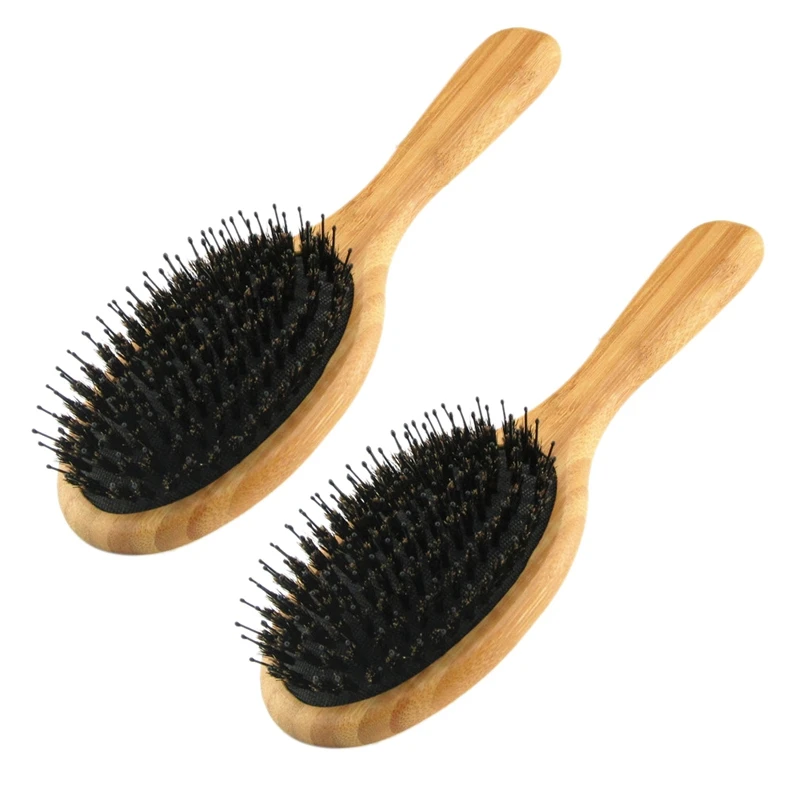 

2X Hair Brush Boar Bristle Hair Brush With Nylon Pins Bamboo Paddle Detangler Brush Detangling Adding Shine Brushes