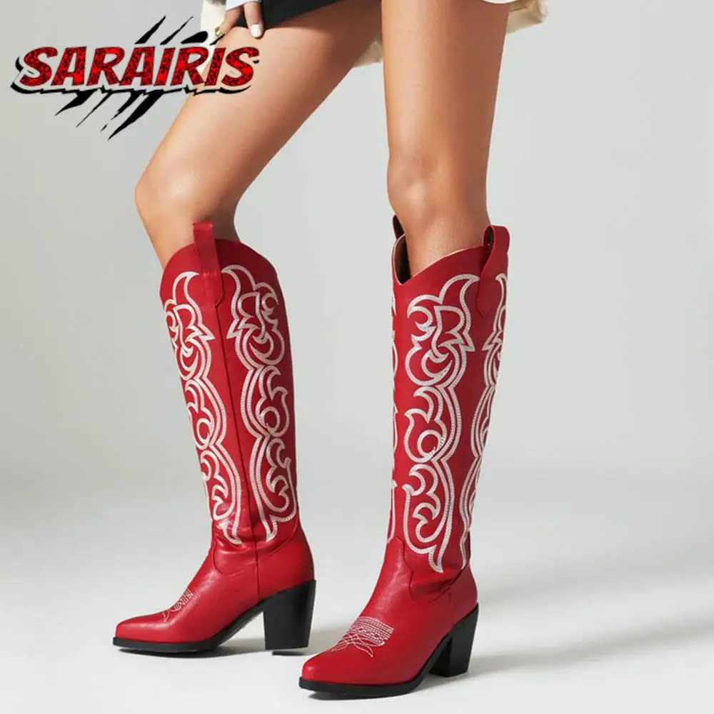 

Brand New Embroidery Chunky High Heeled Western Boots Women Vintage Knee High Cowboy Women Shoes Stylish Red Comfy Ridding Shoes