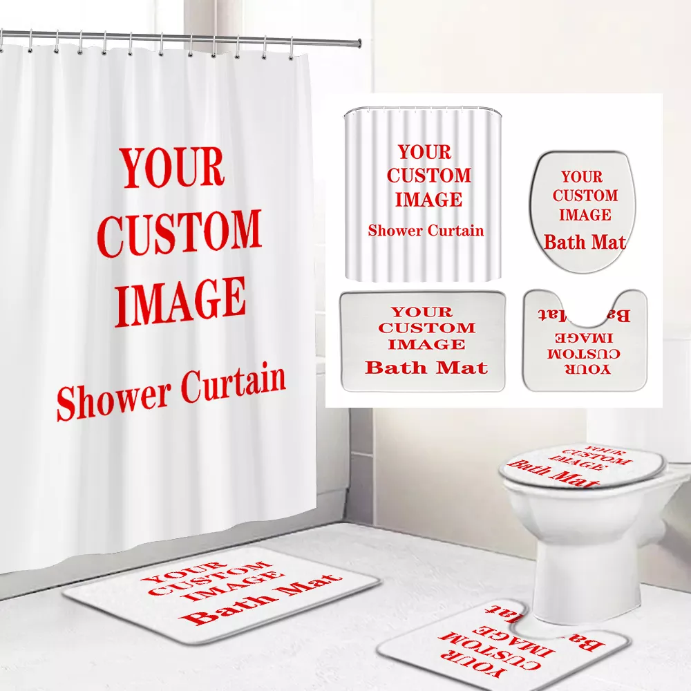 Custom Print Fabric Shower Curtains Polyester Bathroom Curtain Set Custom Anti-skid Rugs Carpet Toilet Lid Cover Bath Mat Sets