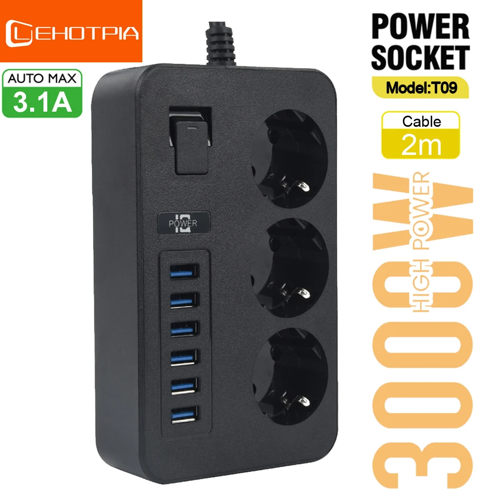 Power Strip EU Plug AC Outlet Power Strip Multiprise Smart Home Extension Cord Electrical Socket 6 USB Port 3.1A Phone Charge Network Filter