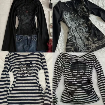 American Retro T-shirt Long Sleeve Slim Fit Women Casual Japanese Subculture Y2K Vintage Gothic Tees Autumn Female Chic Tops 1