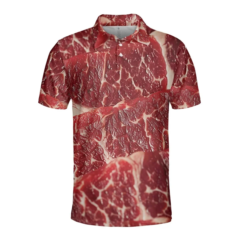 남성용 그래픽 반팔 폴로 셔츠, 치킨 스테이크 햄 프라이, 3D 인쇄 단추 폴로 셔츠, 재미있는 상의, 맛 있는 음식
